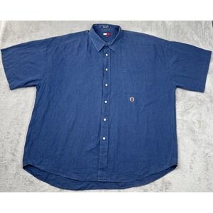 VTG Tommy Hilfiger Shirt Men's XL Linen Baggy Crest Logo‎ Short Sleeve Blue Y2K